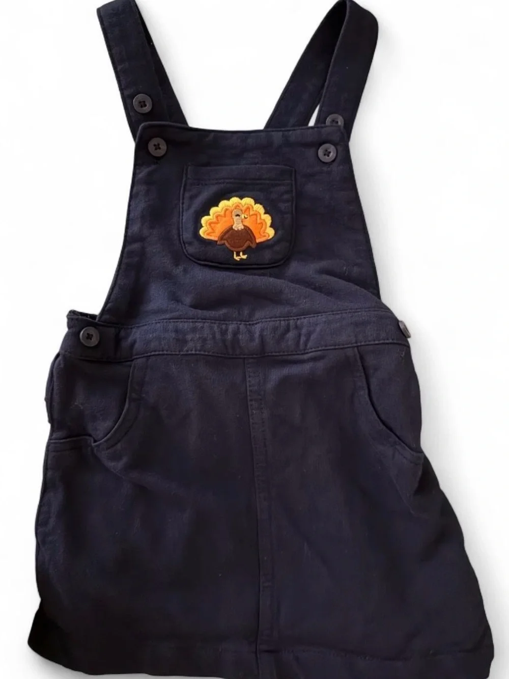 Kids Navy Corduroy Overall Dress with Beige Turkey Print Onesie